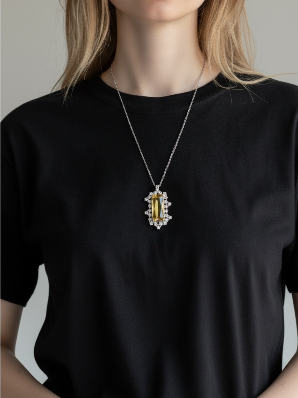 10/22 Elegant Citrine Crystal Pendant Necklace - Yellow Silver Design